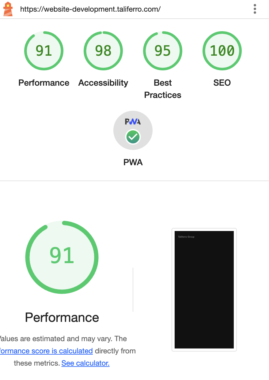 Taliferro Group's Website Development Light House Results